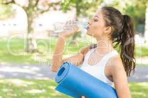 Active peaceful brunette holding exercise mat