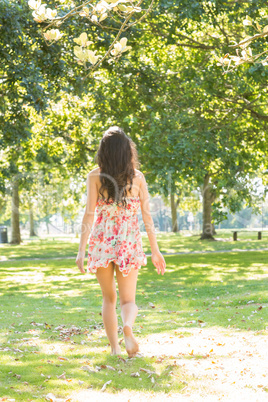 Rear view of stylish brunette walking on grass