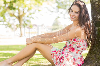 Stylish cute brunette sitting under a tree