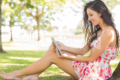 Stylish cute brunette sitting under a tree using tablet