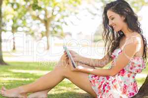 Stylish cute brunette sitting under a tree using tablet
