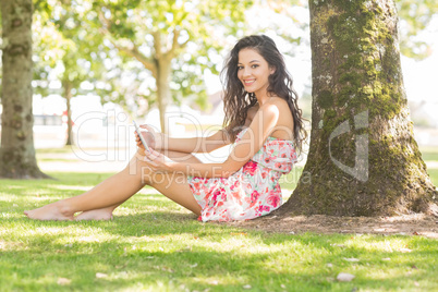 Stylish smiling brunette sitting under a tree using tablet