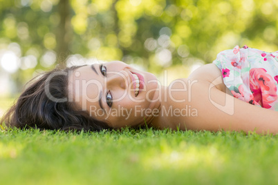 Stylish smiling brunette lying on a lawn