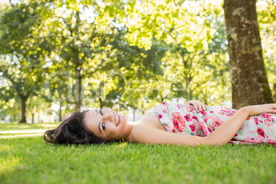 Stylish beautiful brunette lying on a lawn
