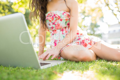 Picture of woman sitting on grass using laptop
