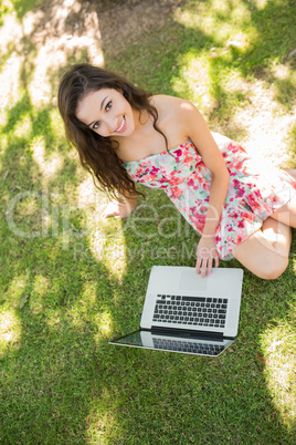 Stylish gorgeous brunette sitting on the grass using laptop