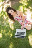 Stylish gorgeous brunette sitting on the grass using laptop