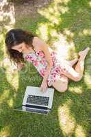 Stylish attractive brunette sitting on the grass using laptop
