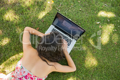 Stylish brunette lying on the grass using her laptop