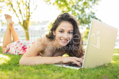 Stylish smiling brunette lying on the grass using her laptop