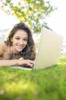 Stylish cheerful brunette lying on the grass using her laptop