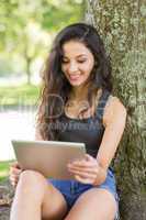 Casual smiling brunette sitting using tablet