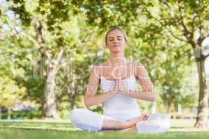 Content peaceful woman meditating sitting on an exercise mat