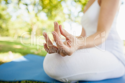 Close up of peaceful woman meditating sitting on a park