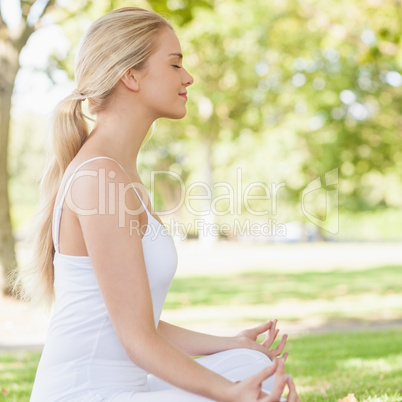 Side view of ponytailed calm woman meditating sitting in a park