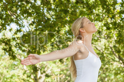 Attractive blonde woman practicing yoga in a park