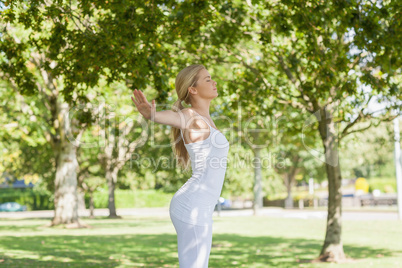 Profile view of lovely fit woman doing spreading her arms