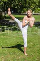 Young sporty woman practicing yoga standing on a lawn