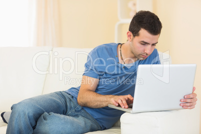 Casual calm man sitting on couch using laptop