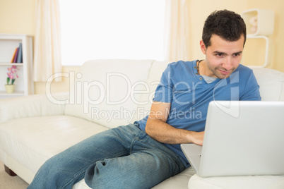 Casual attractive man sitting on couch using laptop