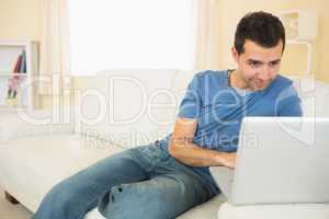 Casual attractive man sitting on couch using laptop