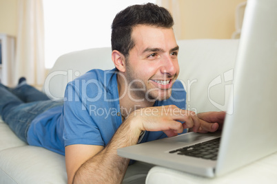 Casual cheerful man sitting on couch using and looking at laptop