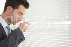 Handsome unsmiling businessman spying through roller blind