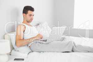 Handsome calm man using laptop in his bed