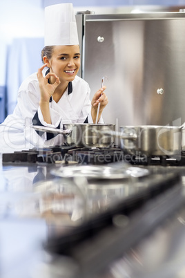 Young smiling chef showing ok sign