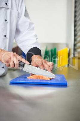 Chef slicing raw salmon with knife