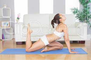 Brunette sporty woman practicing yoga pose on exercise mat