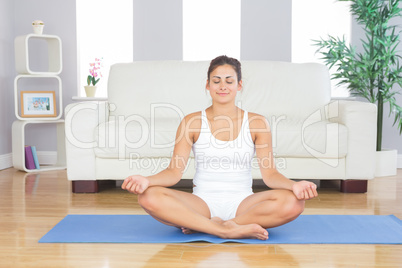 Front view of fit brunette woman relaxing in lotus position on a