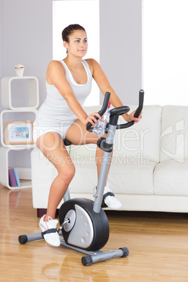 Young brunette woman training on an exercise bike