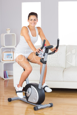 Cheerful young woman training on an exercise bike in her living