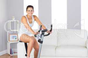 Joyful slim woman smiling at camera while training on an exercis