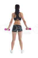 Rear view of slim ponytailed woman holding pink dumbbells