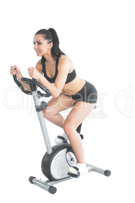 Pretty active woman training on an exercise bike