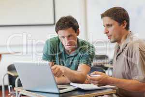 Two concentrated handsome mature students sitting in class