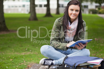 Happy brunette student using tablet sitting on bench