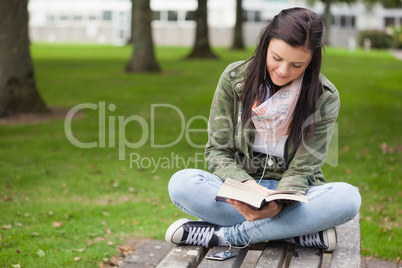 Happy brunette student sitting on bench reading