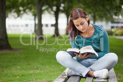 Content casual student sitting on bench reading