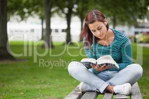 Content casual student sitting on bench reading