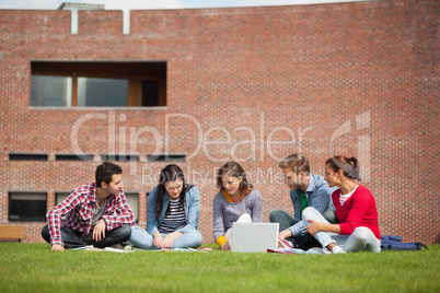 Five casual students sitting on the grass using laptop