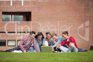 Five casual students sitting on the grass pointing at laptop