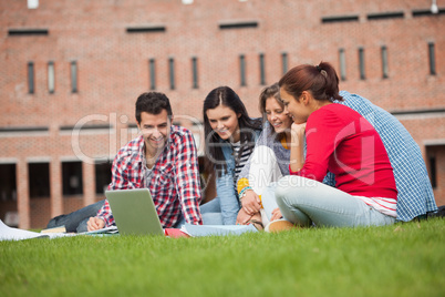 Five casual students sitting on the grass looking at laptop