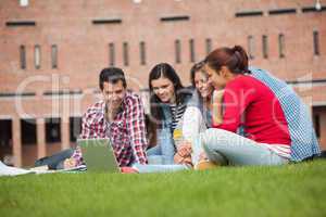 Five casual students sitting on the grass looking at laptop