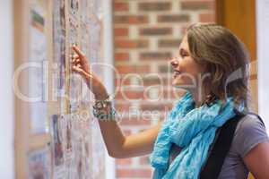 Cheerful student pointing at notice board
