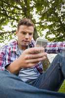 Handsome serious student sitting on grass texting