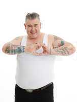 fat man in tank top is forming heart with his fingers