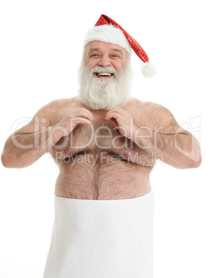 a half naked santa claus is taking care for his skin